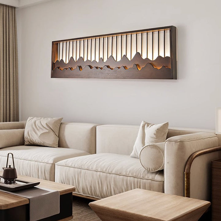Traditional Chinese Round Rectangle Mountains Rubber Wood LED Wall Sconce Lamp For Living Room