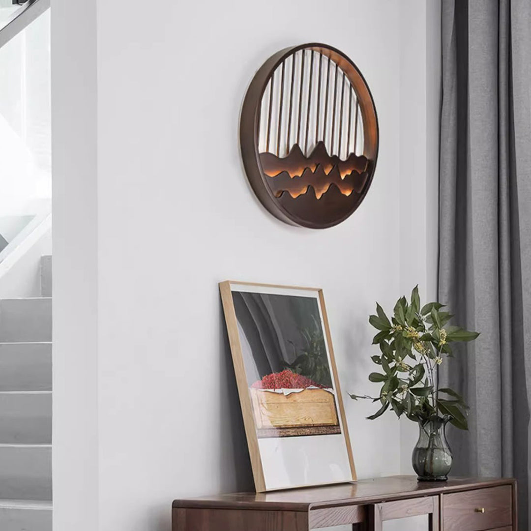 Traditional Chinese Round Rectangle Mountains Rubber Wood LED Wall Sconce Lamp For Living Room