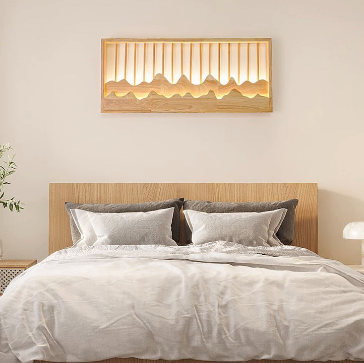 Traditional Chinese Round Rectangle Mountains Rubber Wood LED Wall Sconce Lamp For Living Room