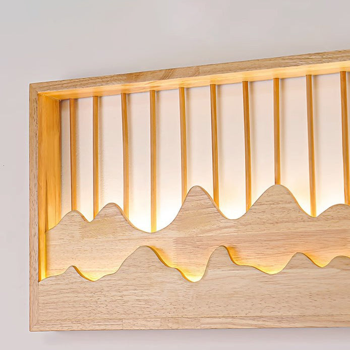 Traditional Chinese Round Rectangle Mountains Rubber Wood LED Wall Sconce Lamp For Living Room