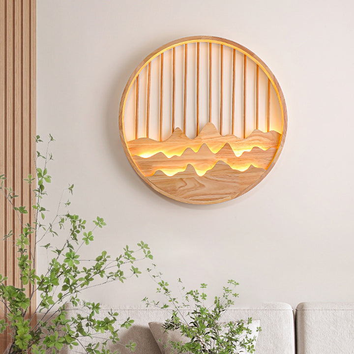 Traditional Chinese Round Rectangle Mountains Rubber Wood LED Wall Sconce Lamp For Living Room