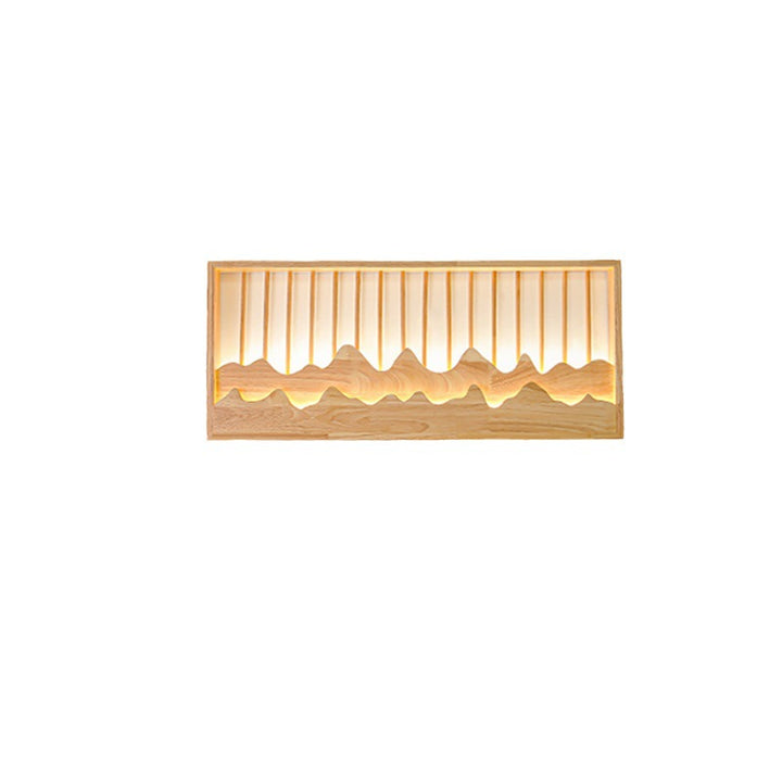 Traditional Chinese Round Rectangle Mountains Rubber Wood LED Wall Sconce Lamp For Living Room