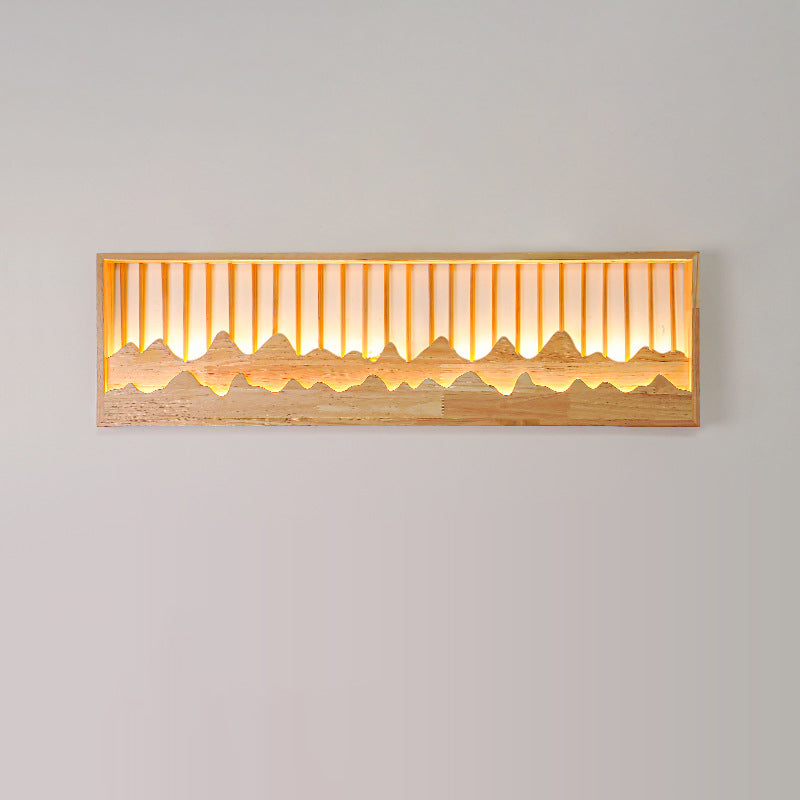 Traditional Chinese Round Rectangle Mountains Rubber Wood LED Wall Sconce Lamp For Living Room