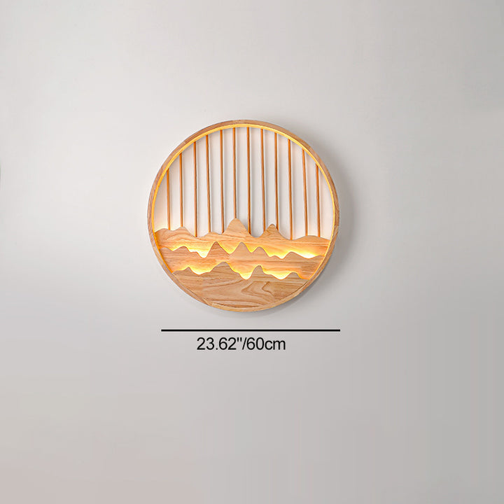 Traditional Chinese Round Rectangle Mountains Rubber Wood LED Wall Sconce Lamp For Living Room