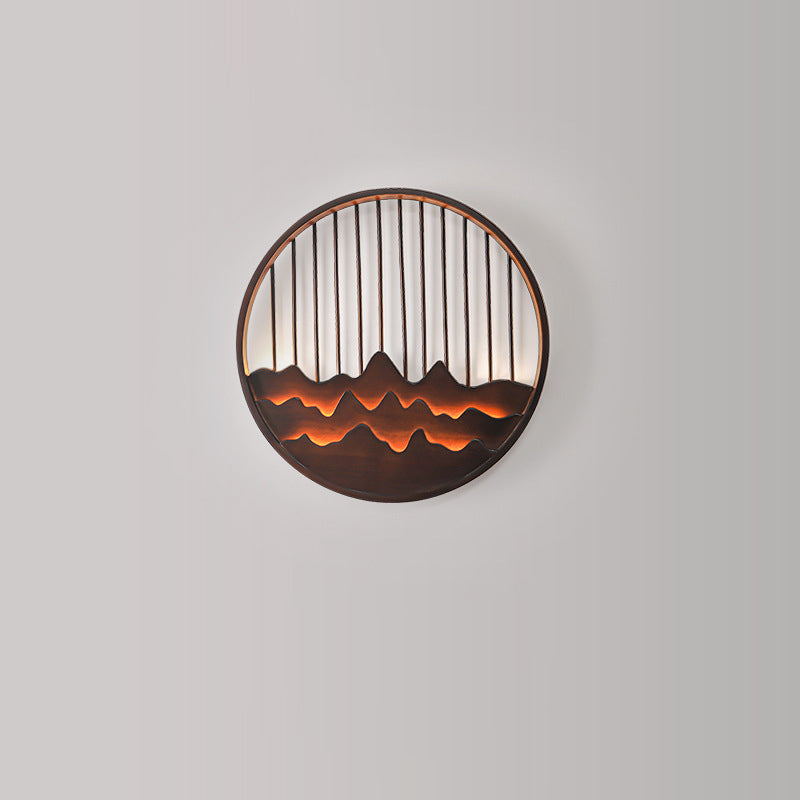 Traditional Chinese Round Rectangle Mountains Rubber Wood LED Wall Sconce Lamp For Living Room