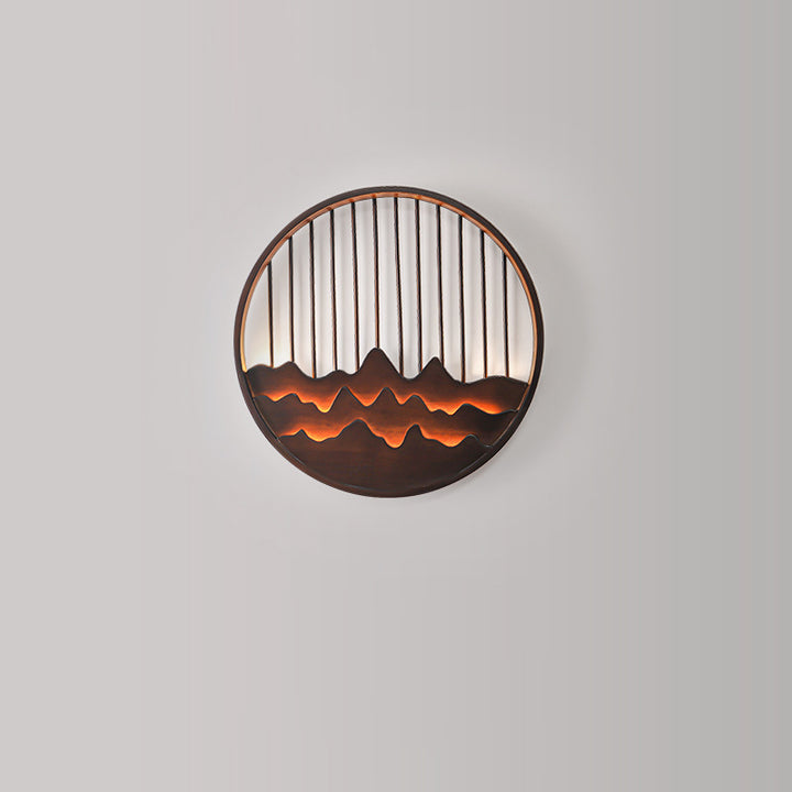 Traditional Chinese Round Rectangle Mountains Rubber Wood LED Wall Sconce Lamp For Living Room