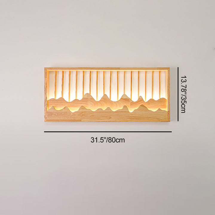 Traditional Chinese Round Rectangle Mountains Rubber Wood LED Wall Sconce Lamp For Living Room