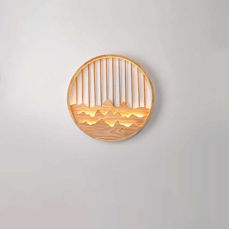 Traditional Chinese Round Rectangle Mountains Rubber Wood LED Wall Sconce Lamp For Living Room