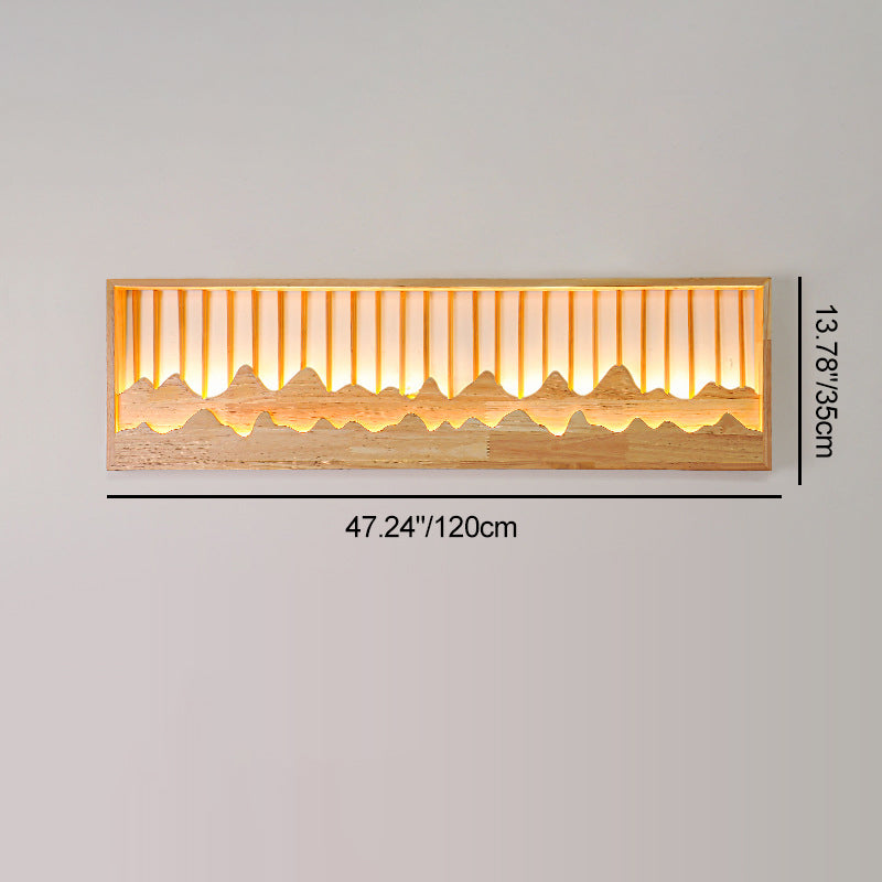 Traditional Chinese Round Rectangle Mountains Rubber Wood LED Wall Sconce Lamp For Living Room