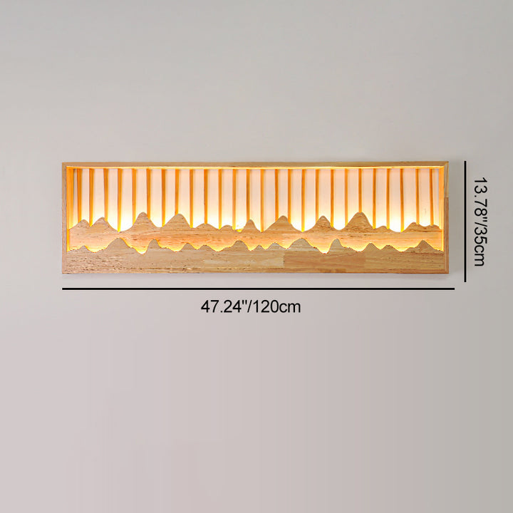 Traditional Chinese Round Rectangle Mountains Rubber Wood LED Wall Sconce Lamp For Living Room