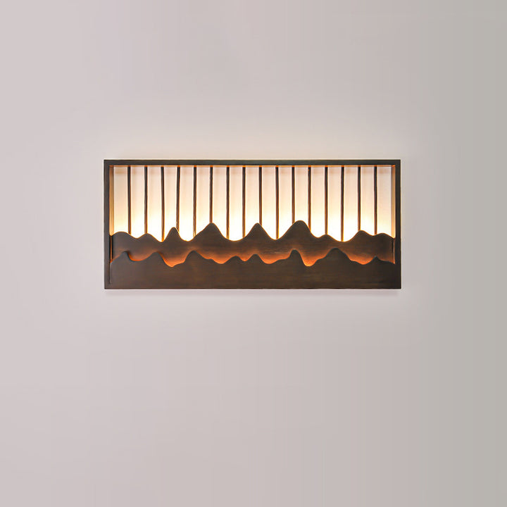 Traditional Chinese Round Rectangle Mountains Rubber Wood LED Wall Sconce Lamp For Living Room