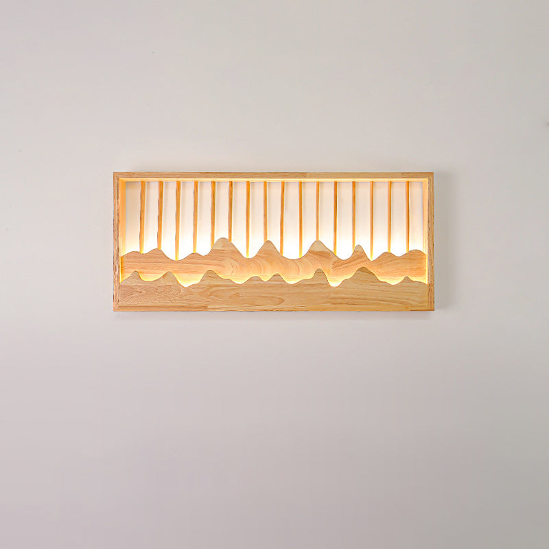 Traditional Chinese Round Rectangle Mountains Rubber Wood LED Wall Sconce Lamp For Living Room