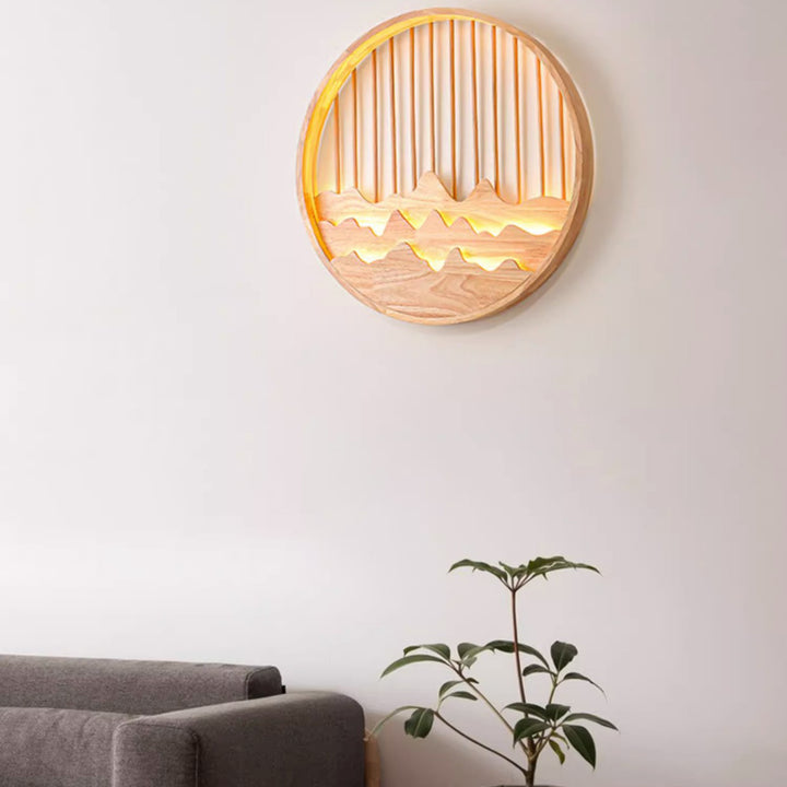 Traditional Chinese Round Rectangle Mountains Rubber Wood LED Wall Sconce Lamp For Living Room