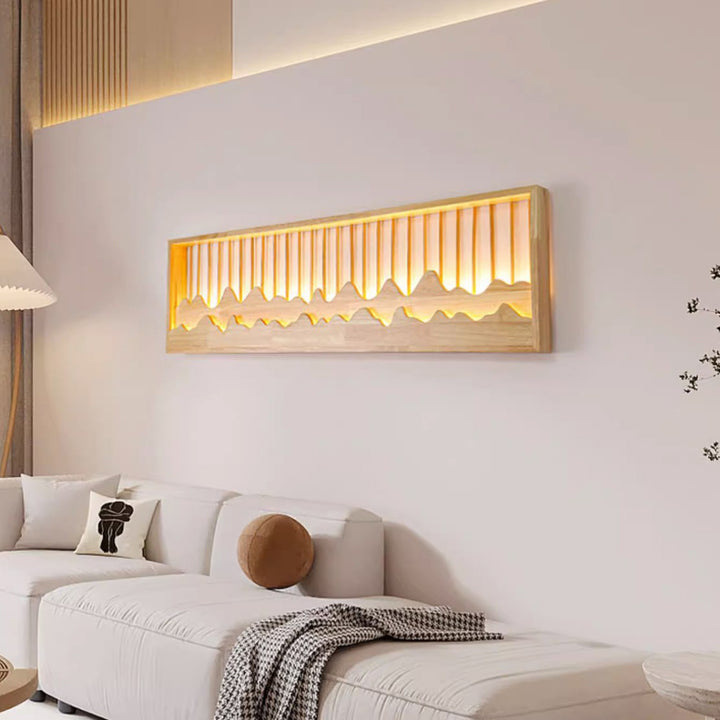 Traditional Chinese Round Rectangle Mountains Rubber Wood LED Wall Sconce Lamp For Living Room