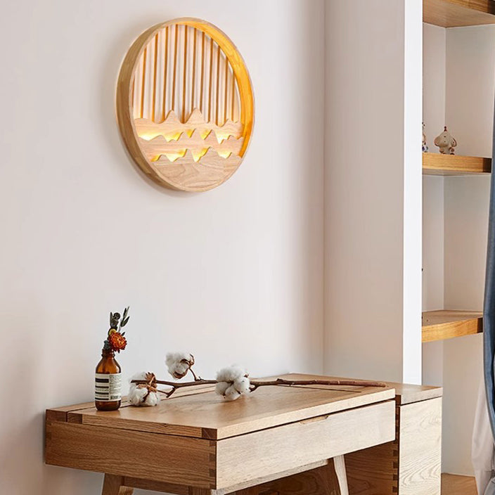 Traditional Chinese Round Rectangle Mountains Rubber Wood LED Wall Sconce Lamp For Living Room
