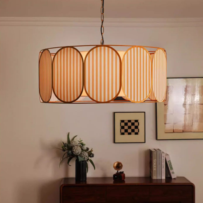 Traditional French Round Striped Floral Print Fabric Hardware 5 - Light Chandelier For Living Room