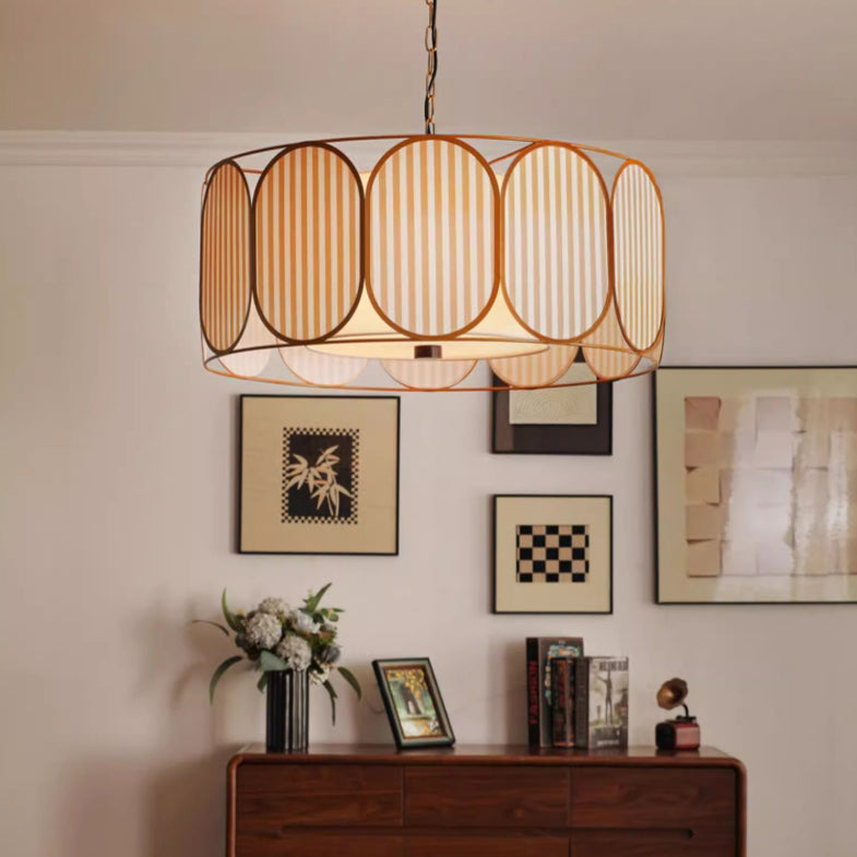 Traditional French Round Striped Floral Print Fabric Hardware 5 - Light Chandelier For Living Room