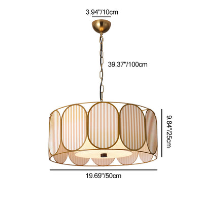 Traditional French Round Striped Floral Print Fabric Hardware 5 - Light Chandelier For Living Room