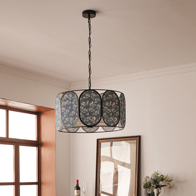 Traditional French Round Striped Floral Print Fabric Hardware 5 - Light Chandelier For Living Room