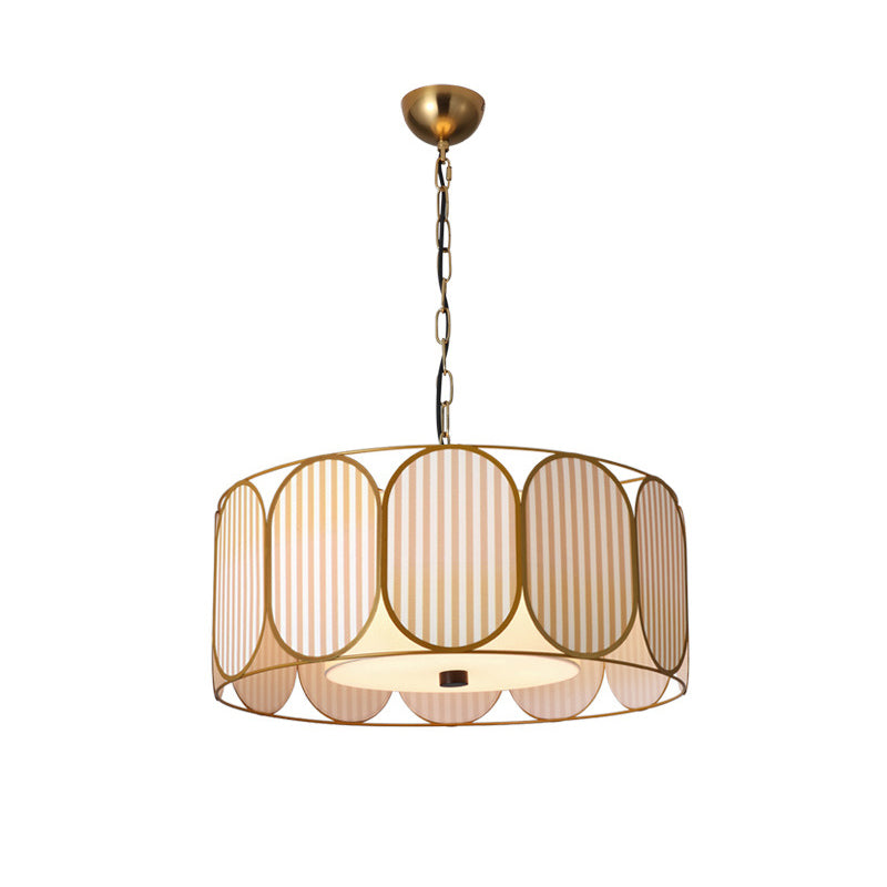Traditional French Round Striped Floral Print Fabric Hardware 5 - Light Chandelier For Living Room