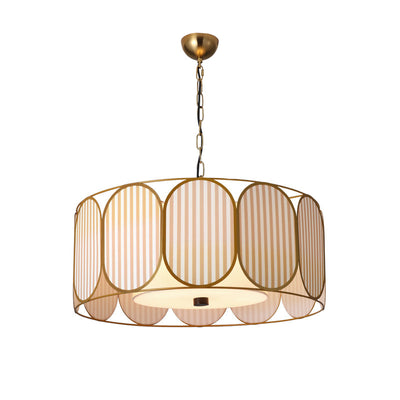 Traditional French Round Striped Floral Print Fabric Hardware 5 - Light Chandelier For Living Room