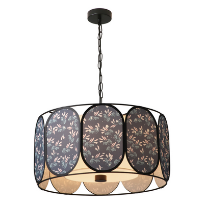 Traditional French Round Striped Floral Print Fabric Hardware 5 - Light Chandelier For Living Room
