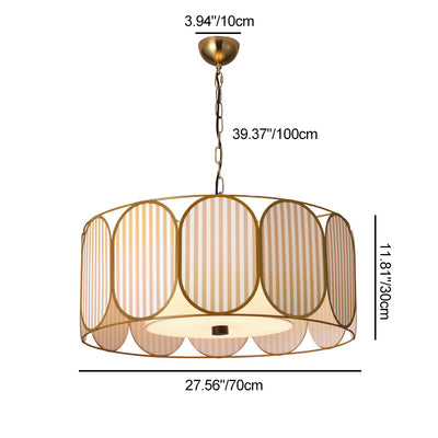 Traditional French Round Striped Floral Print Fabric Hardware 5 - Light Chandelier For Living Room