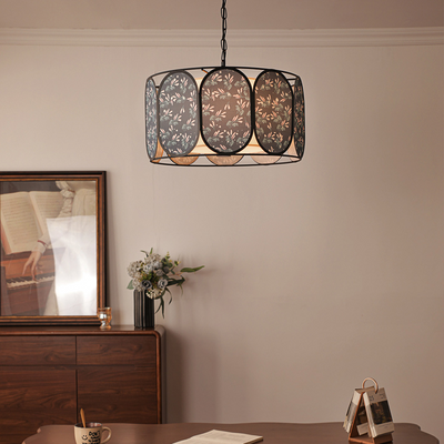 Traditional French Round Striped Floral Print Fabric Hardware 5 - Light Chandelier For Living Room