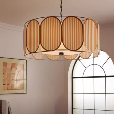 Traditional French Round Striped Floral Print Fabric Hardware 5 - Light Chandelier For Living Room