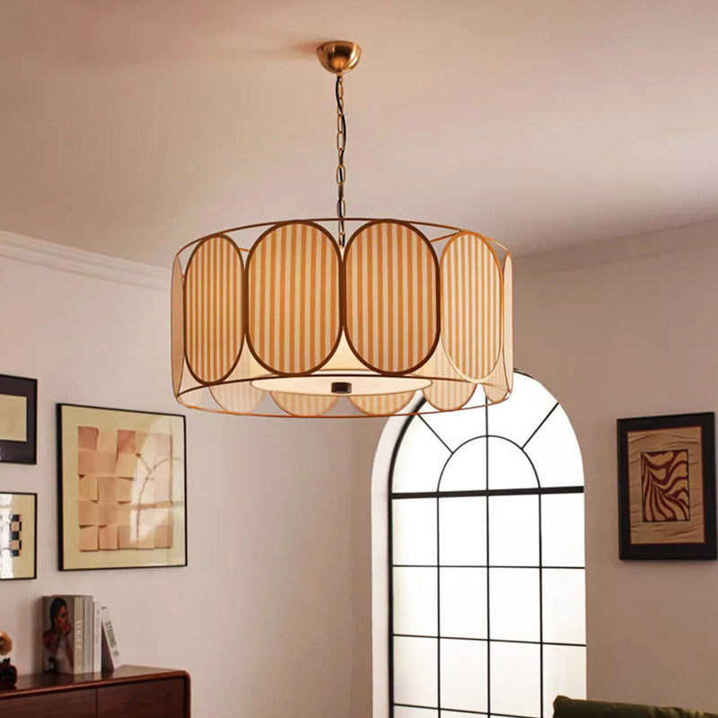 Traditional French Round Striped Floral Print Fabric Hardware 5 - Light Chandelier For Living Room