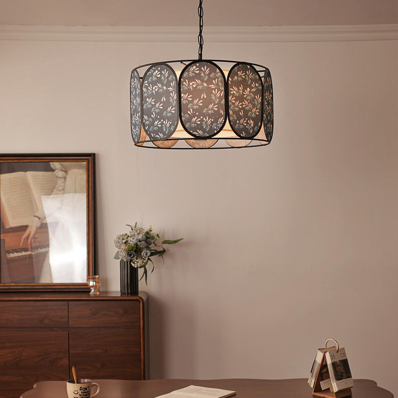 Traditional French Round Striped Floral Print Fabric Hardware 5 - Light Chandelier For Living Room