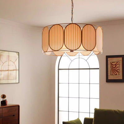 Traditional French Round Striped Floral Print Fabric Hardware 5 - Light Chandelier For Living Room
