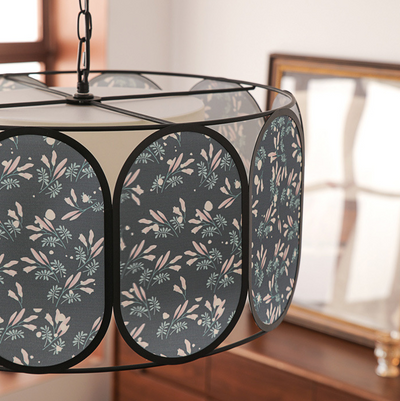 Traditional French Round Striped Floral Print Fabric Hardware 5 - Light Chandelier For Living Room