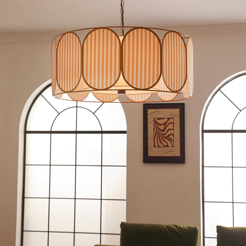 Traditional French Round Striped Floral Print Fabric Hardware 5 - Light Chandelier For Living Room