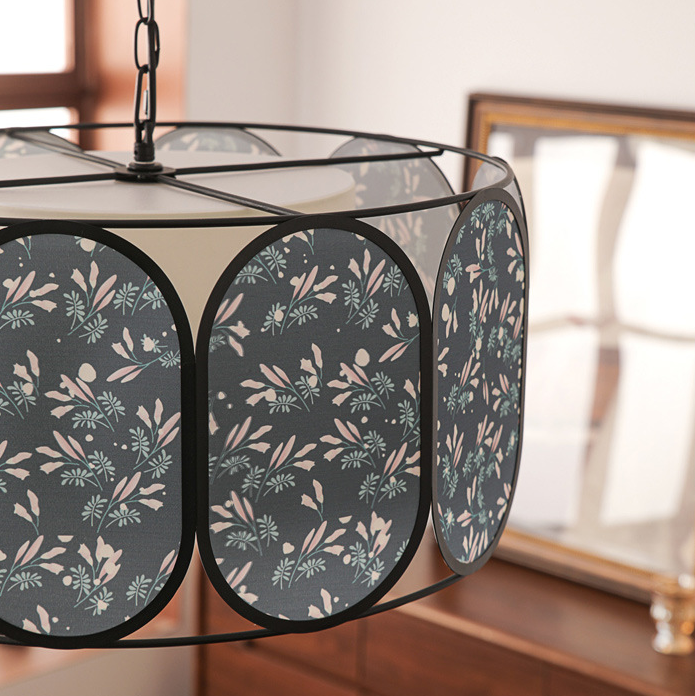 Traditional French Round Striped Floral Print Fabric Hardware 5 - Light Chandelier For Living Room