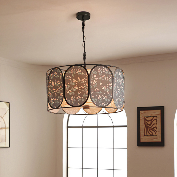 Traditionelle französische runde gestreifte Blumenmuster Stoff Hardware 5 - Licht Kronleuchter für Wohnzimmer 