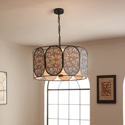 Traditional French Round Striped Floral Print Fabric Hardware 5 - Light Chandelier For Living Room