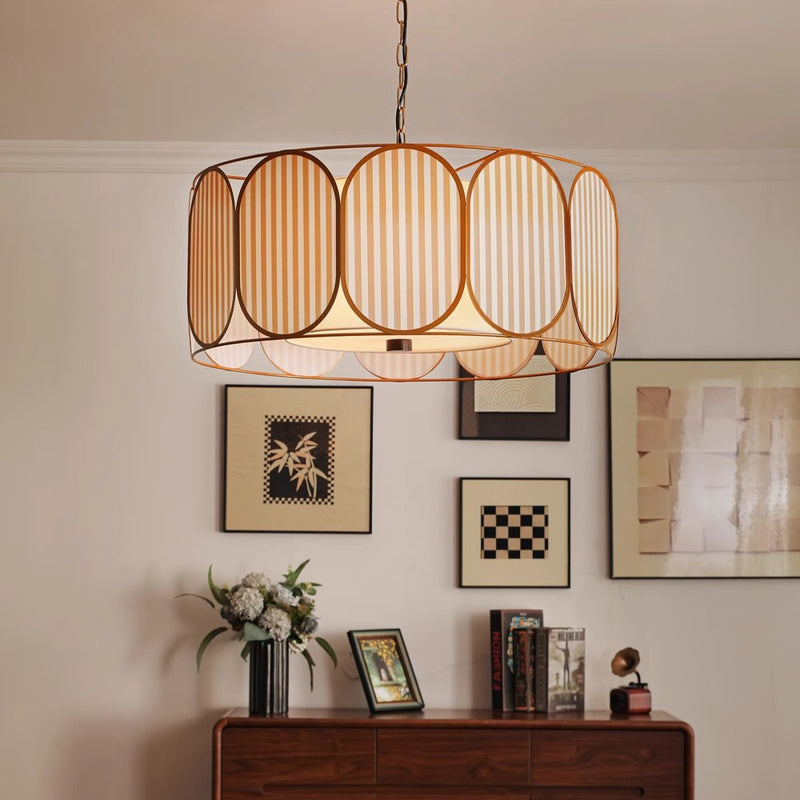 Traditional French Round Striped Floral Print Fabric Hardware 5 - Light Chandelier For Living Room