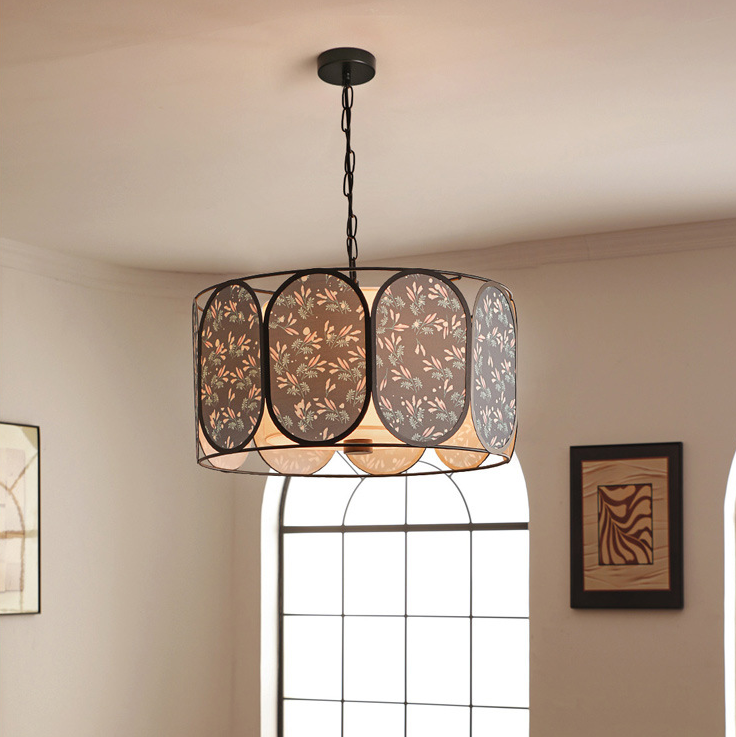 Traditional French Round Striped Floral Print Fabric Hardware 5 - Light Chandelier For Living Room