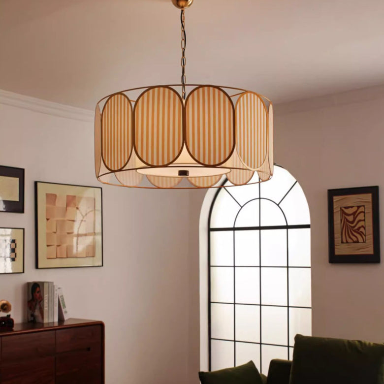Traditional French Round Striped Floral Print Fabric Hardware 5 - Light Chandelier For Living Room