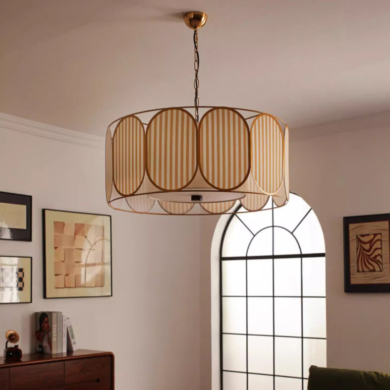 Traditional French Round Striped Floral Print Fabric Hardware 5 - Light Chandelier For Living Room