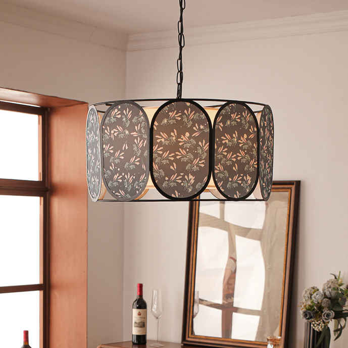 Traditional French Round Striped Floral Print Fabric Hardware 5 - Light Chandelier For Living Room