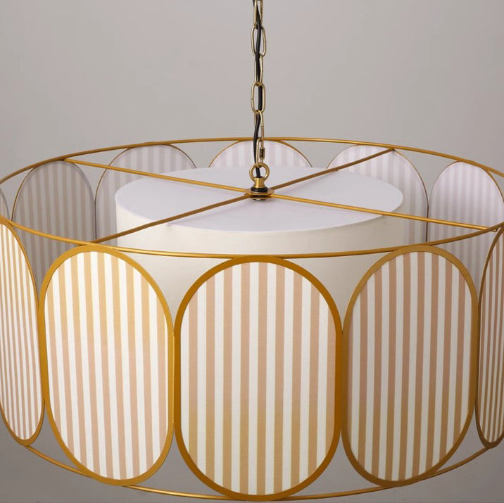 Traditional French Round Striped Floral Print Fabric Hardware 5 - Light Chandelier For Living Room