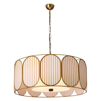 Traditional French Round Striped Floral Print Fabric Hardware 5 - Light Chandelier For Living Room