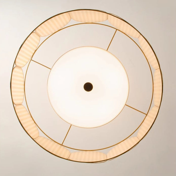 Traditional French Round Striped Floral Print Fabric Hardware 5 - Light Chandelier For Living Room