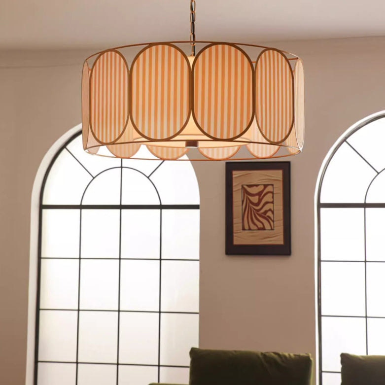 Traditional French Round Striped Floral Print Fabric Hardware 5 - Light Chandelier For Living Room