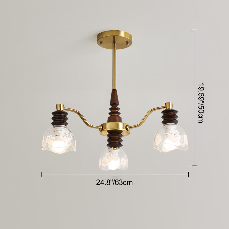 Chandelier traditionnel en demi-cercle en bois de caoutchouc, fer et verre à 3/6/8 lumières pour salon 