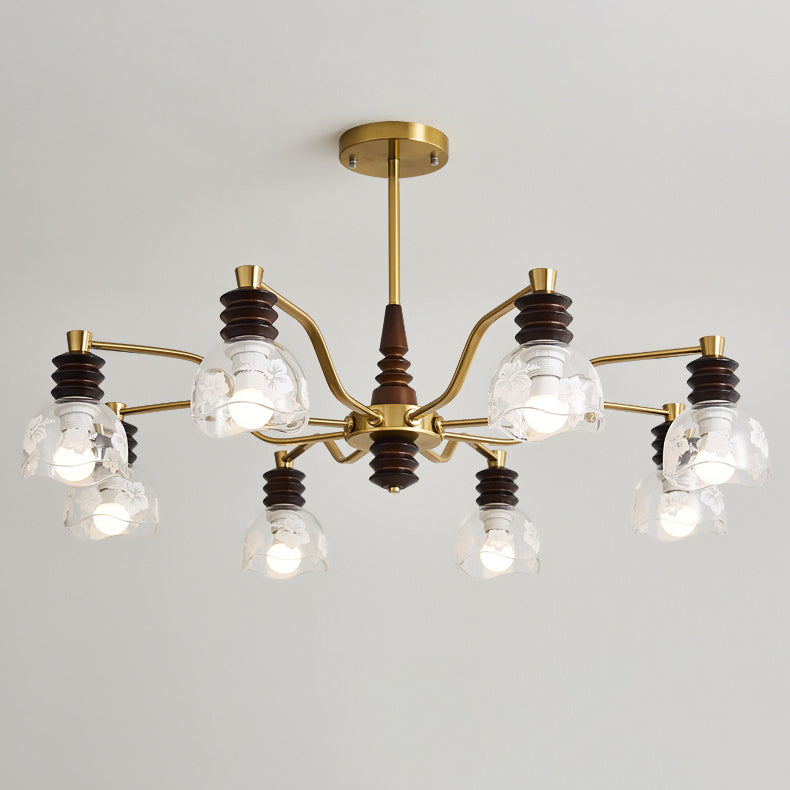 Chandelier traditionnel en demi-cercle en bois de caoutchouc, fer et verre à 3/6/8 lumières pour salon 