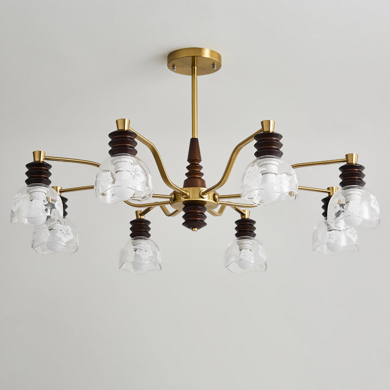 Chandelier traditionnel en demi-cercle en bois de caoutchouc, fer et verre à 3/6/8 lumières pour salon 