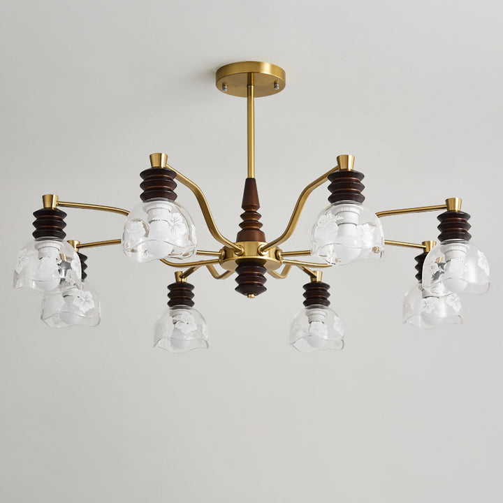 Chandelier traditionnel en demi-cercle en bois de caoutchouc, fer et verre à 3/6/8 lumières pour salon 